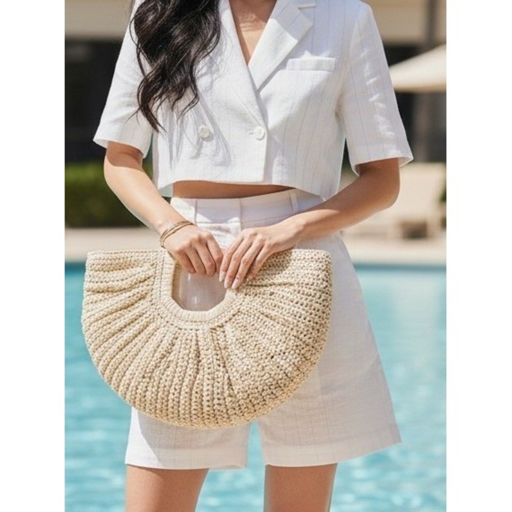 Ramla Woven Crochet Raffia Beach Bag Light Tan Half Moon Straw Tote Bag - New